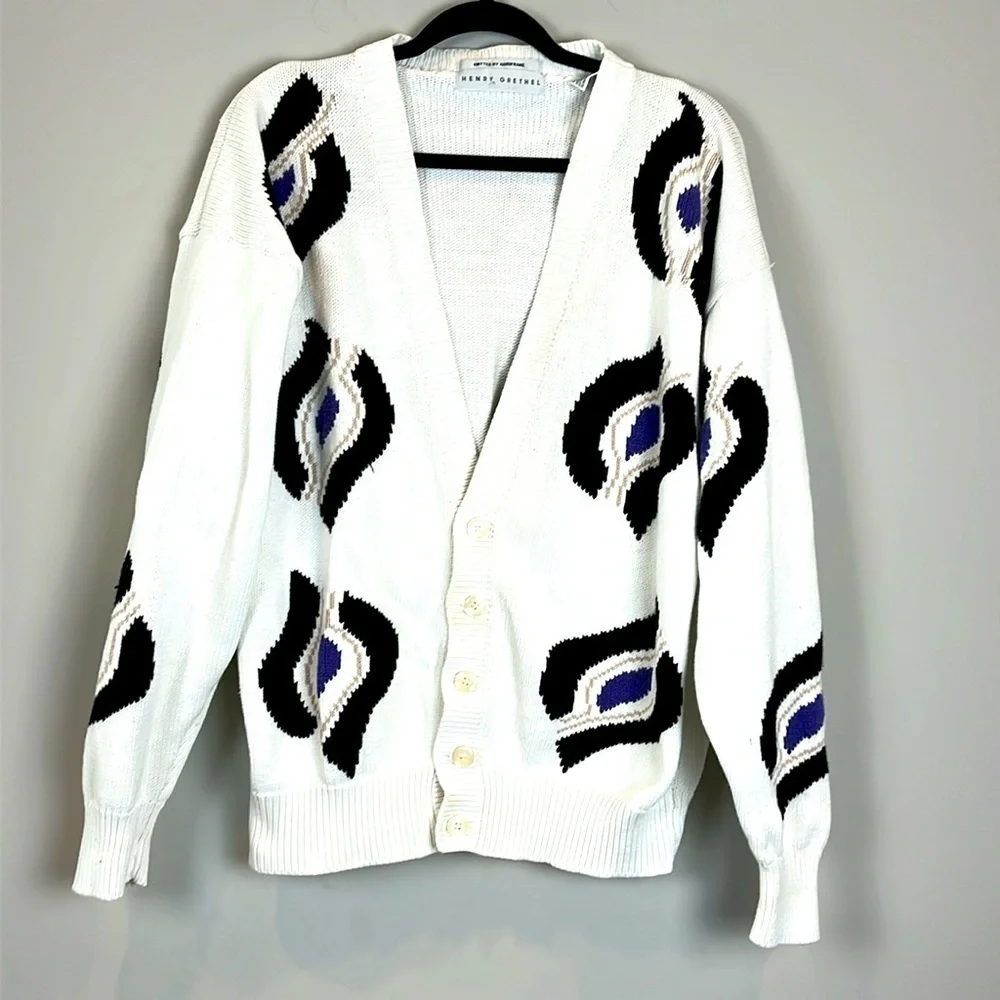 Vintage 90s Henry Grethel Men's Sweater Cardigan Size Medium White Purple Black
